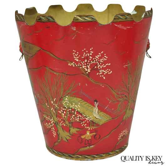 Italian Chinoiserie Hand Painted Oriental Red Tole Metal Wastebasket Trashcan
