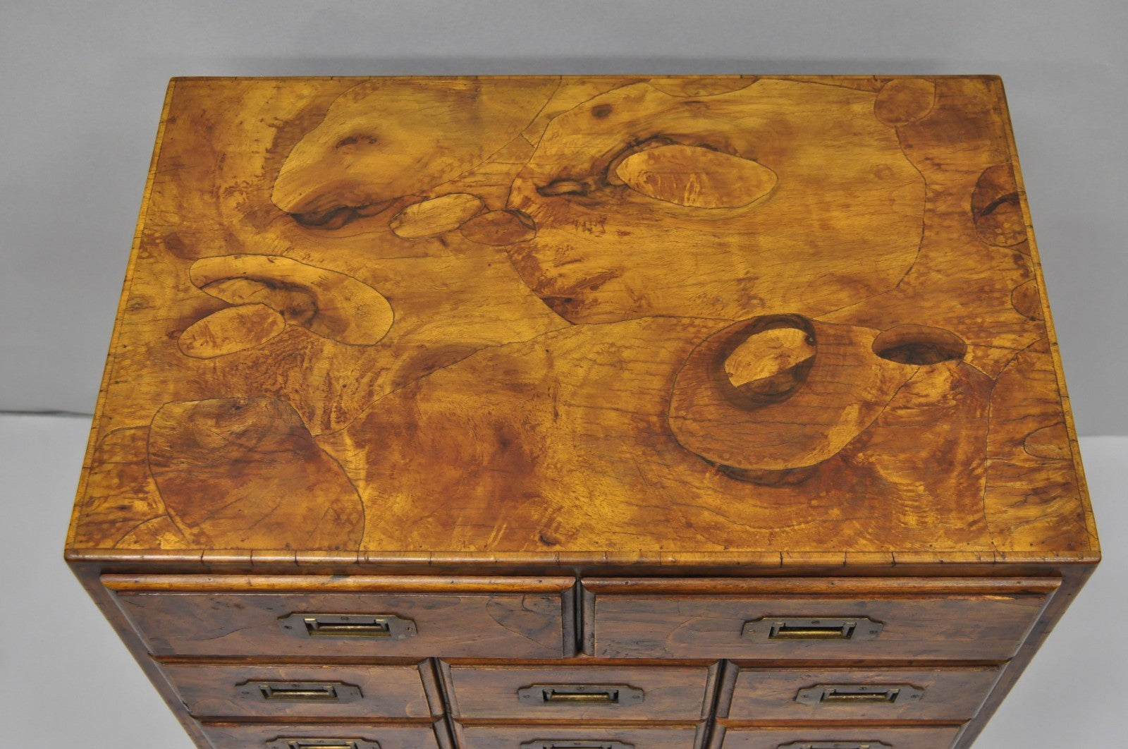 Vintage Italian Olive Wood Veneer Campaign Chest of Drawers Cabinet Side Table