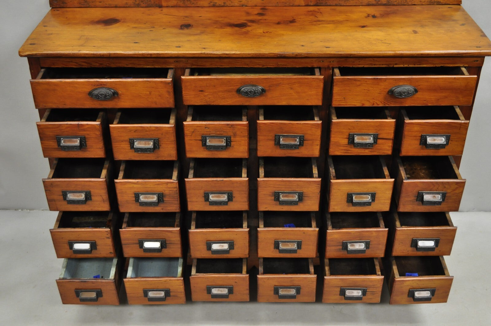 Antique Arts & Crafts Pine Wood 27 Drawer Apothecary File Cabinet Sideboard