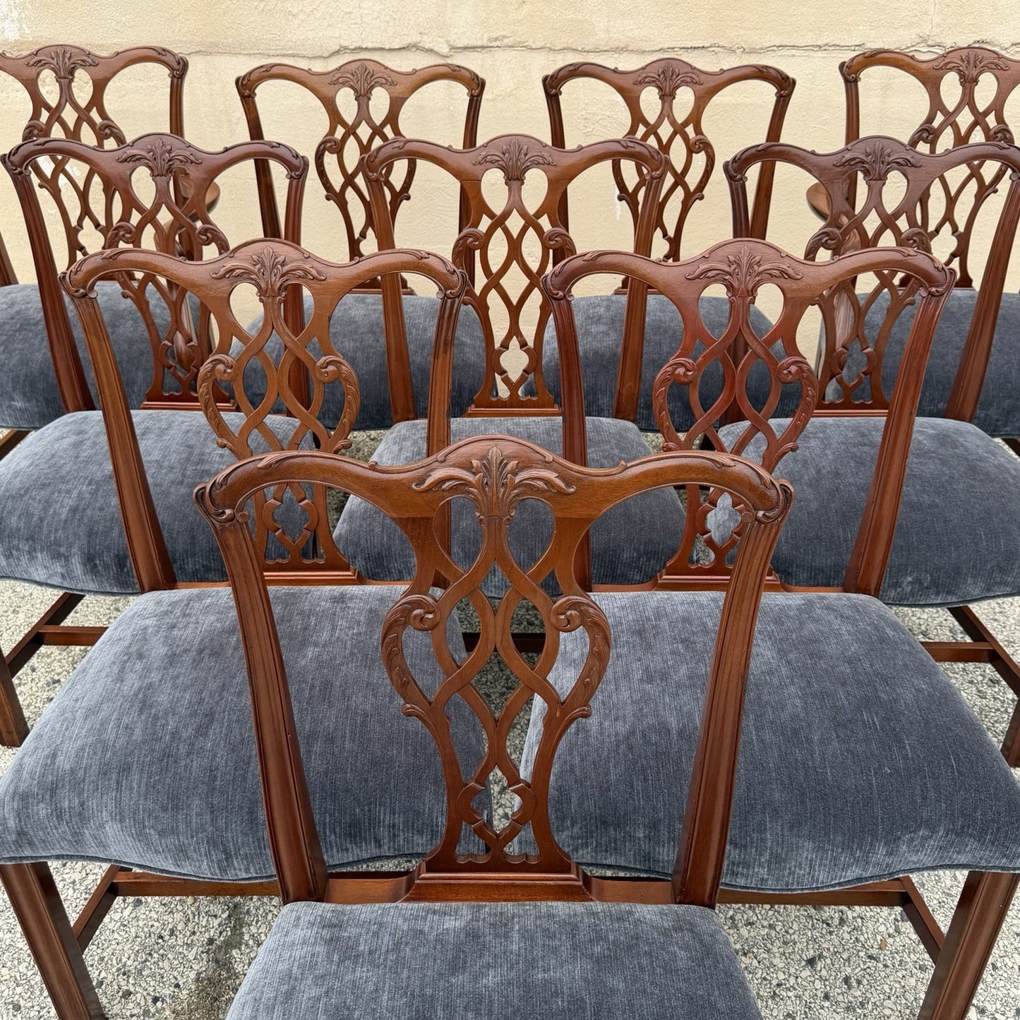Antique Chippendale Style Mahogany Carved Fretwork Dining Chairs - Set of 10