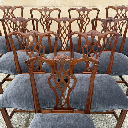 Antique Chippendale Style Mahogany Carved Fretwork Dining Chairs - Set of 10