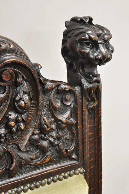 RJ Horner Attr Renaissance Figural Lion Carved Oak Wood Dining Chairs - Set of 6