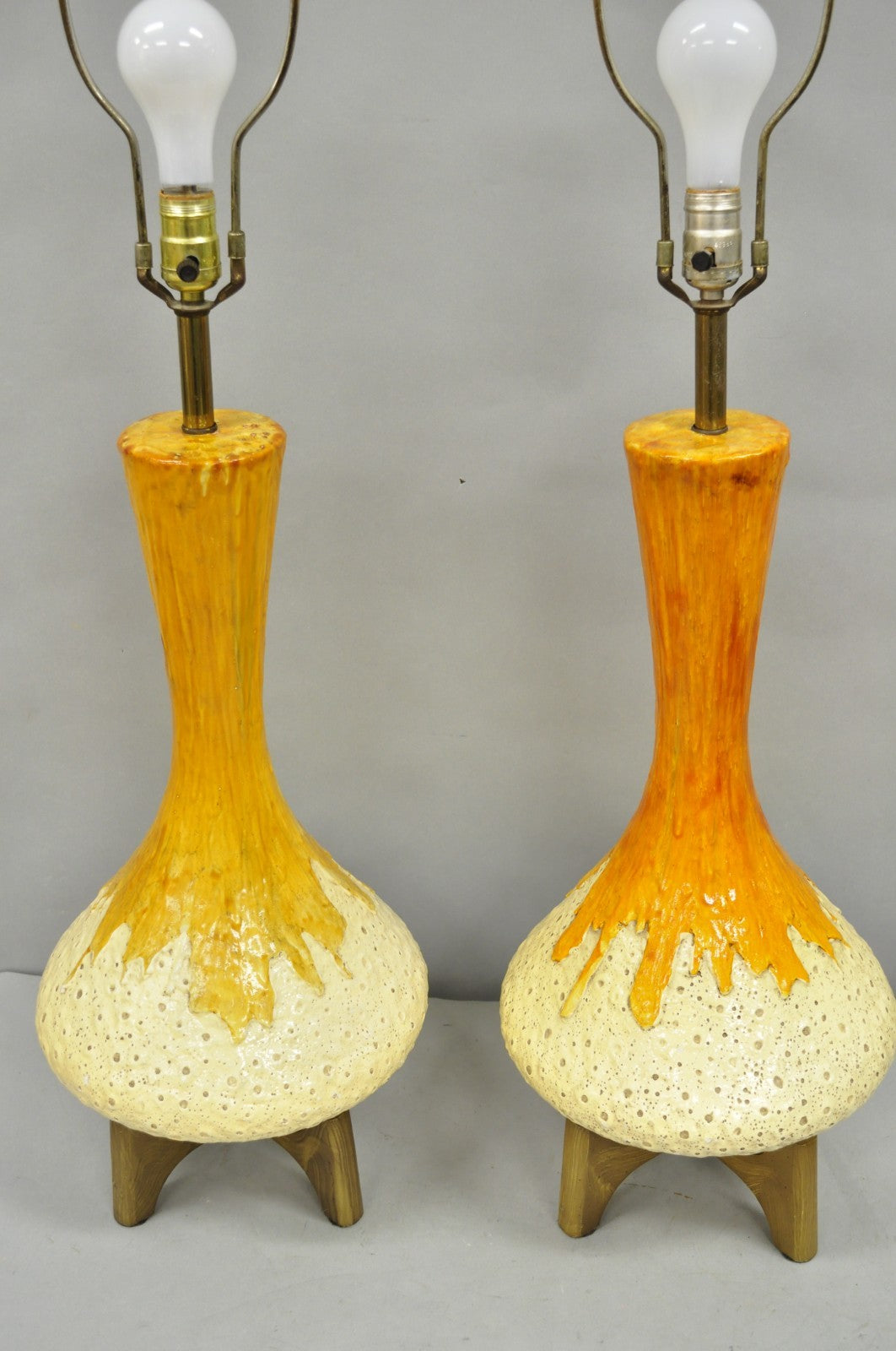 Vintage Mid Century Modern Orange Drip Glazed Ceramic Table Lamps - a Pair