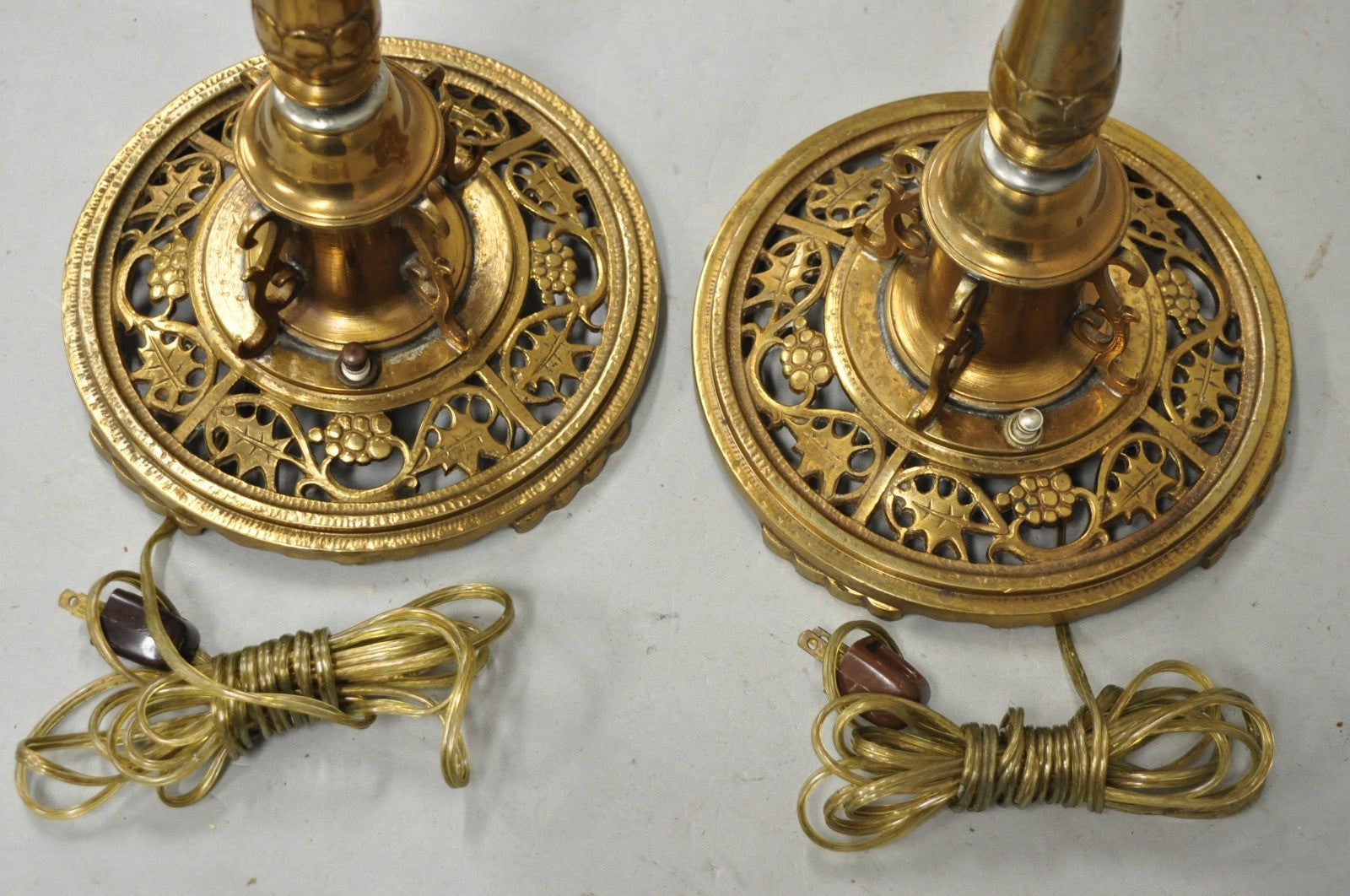 Oscar Bach French Renaissance Gothic Brass 3 Arm Candelabra Table Lamps - a Pair
