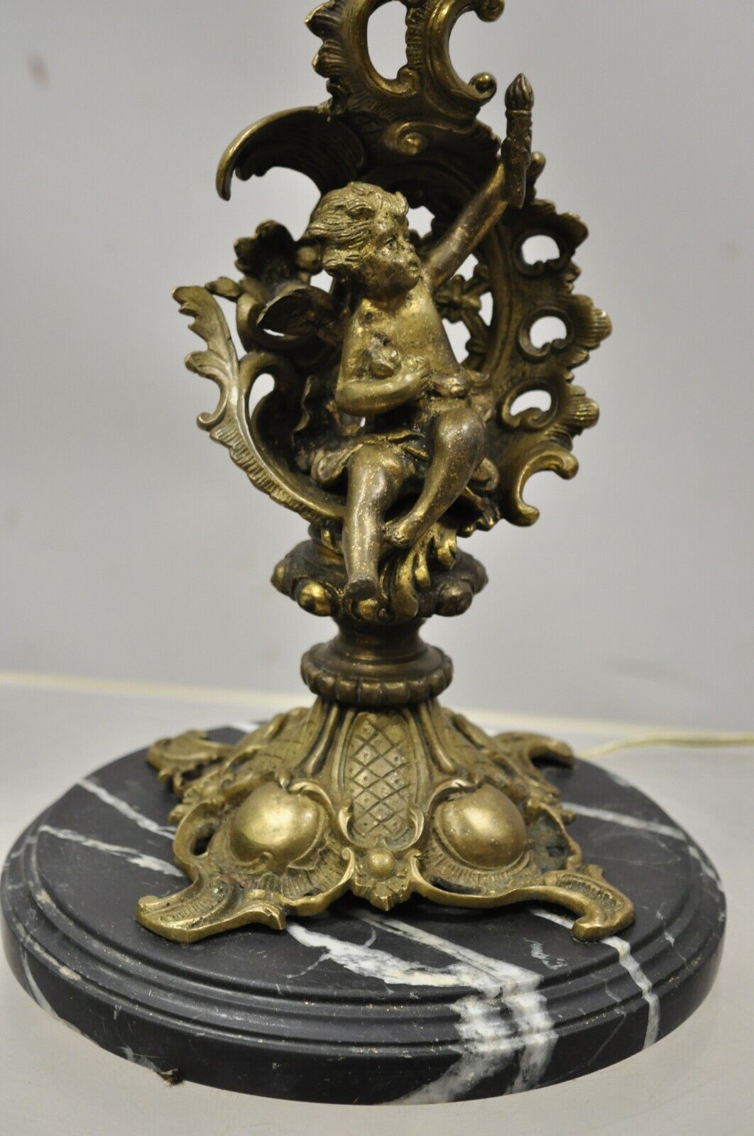 Vintage French Rococo Style Figural Cherub Brass & Marble Candelabra Table Lamp