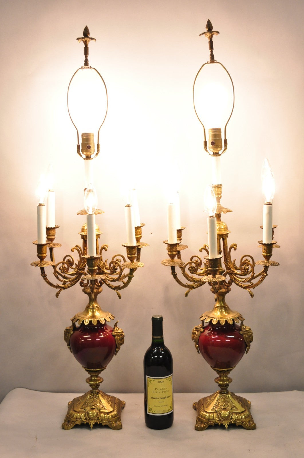 Vintage French Louis XV Style Red Porcelain Brass Candelabra Table Lamps - Pair