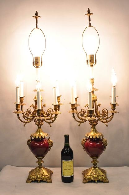 Vintage French Louis XV Style Red Porcelain Brass Candelabra Table Lamps - Pair