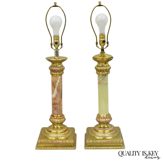 Vintage Hollywood Regency Brass Empire Column Green Pink Gold Table Lamps - Pair