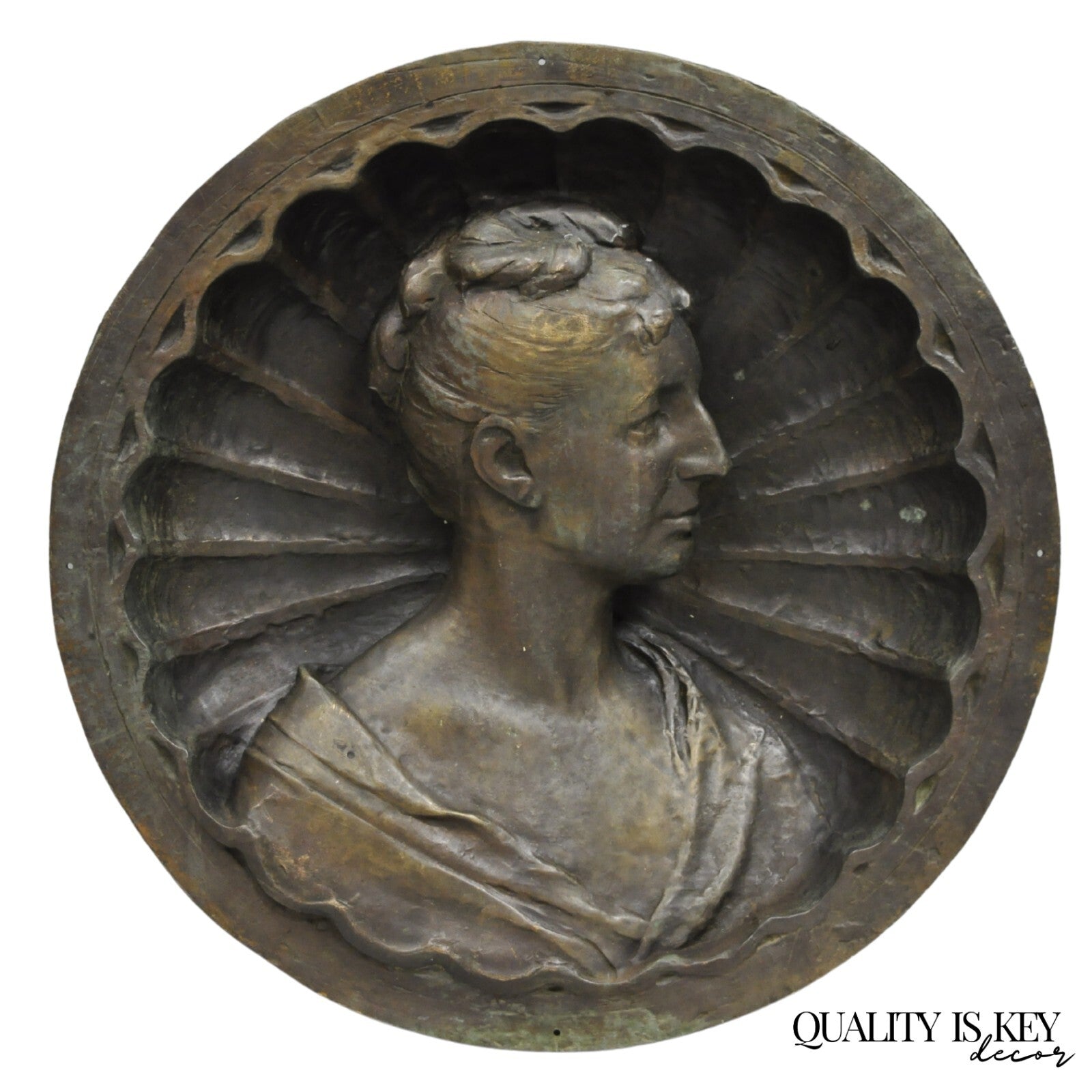 Antique Italian Woman Bust Large 25" Bronze Relief Repousse Monument Plaque