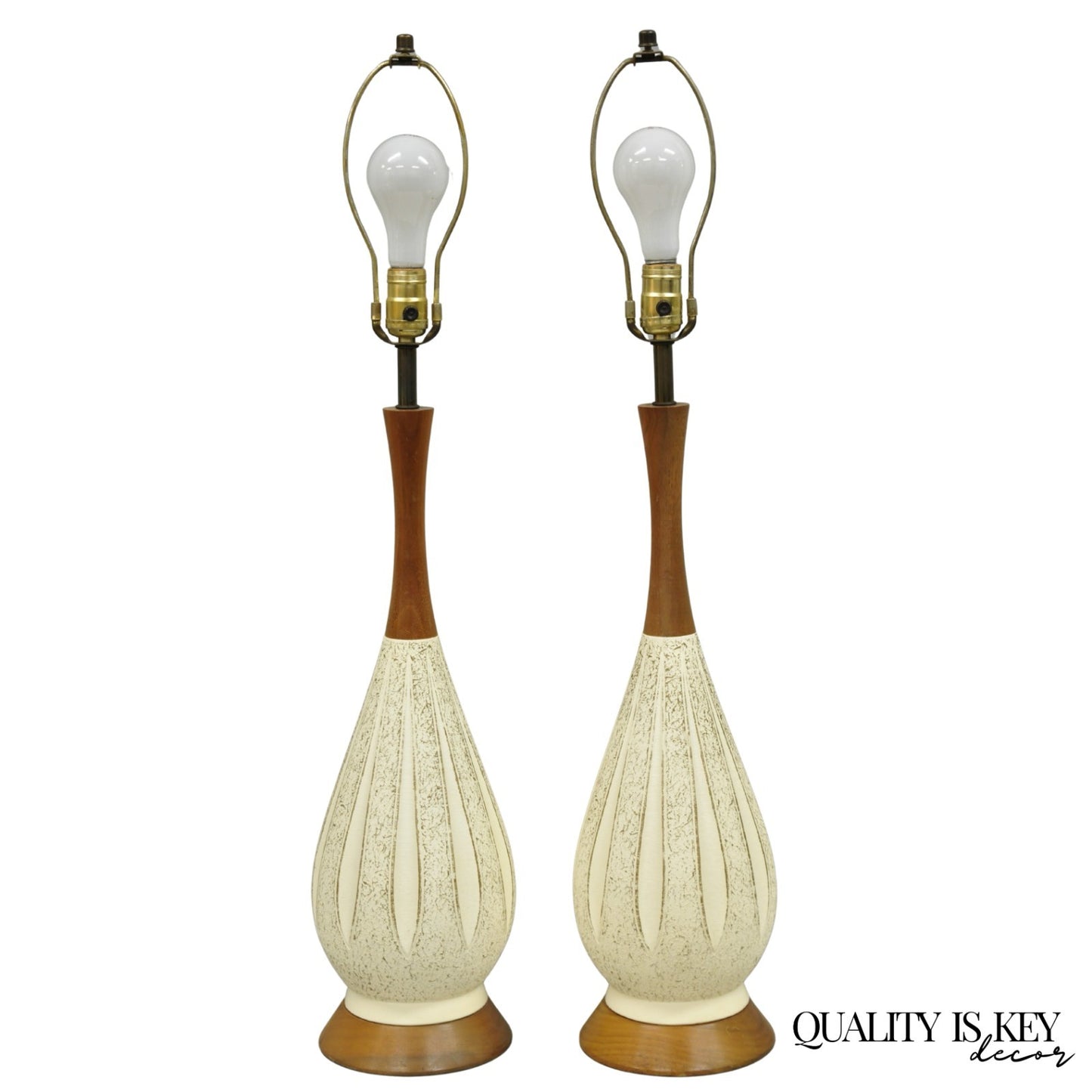 Vintage Mid Century Modern Sculpted White Ceramic & Teak Wood Table Lamps - Pair