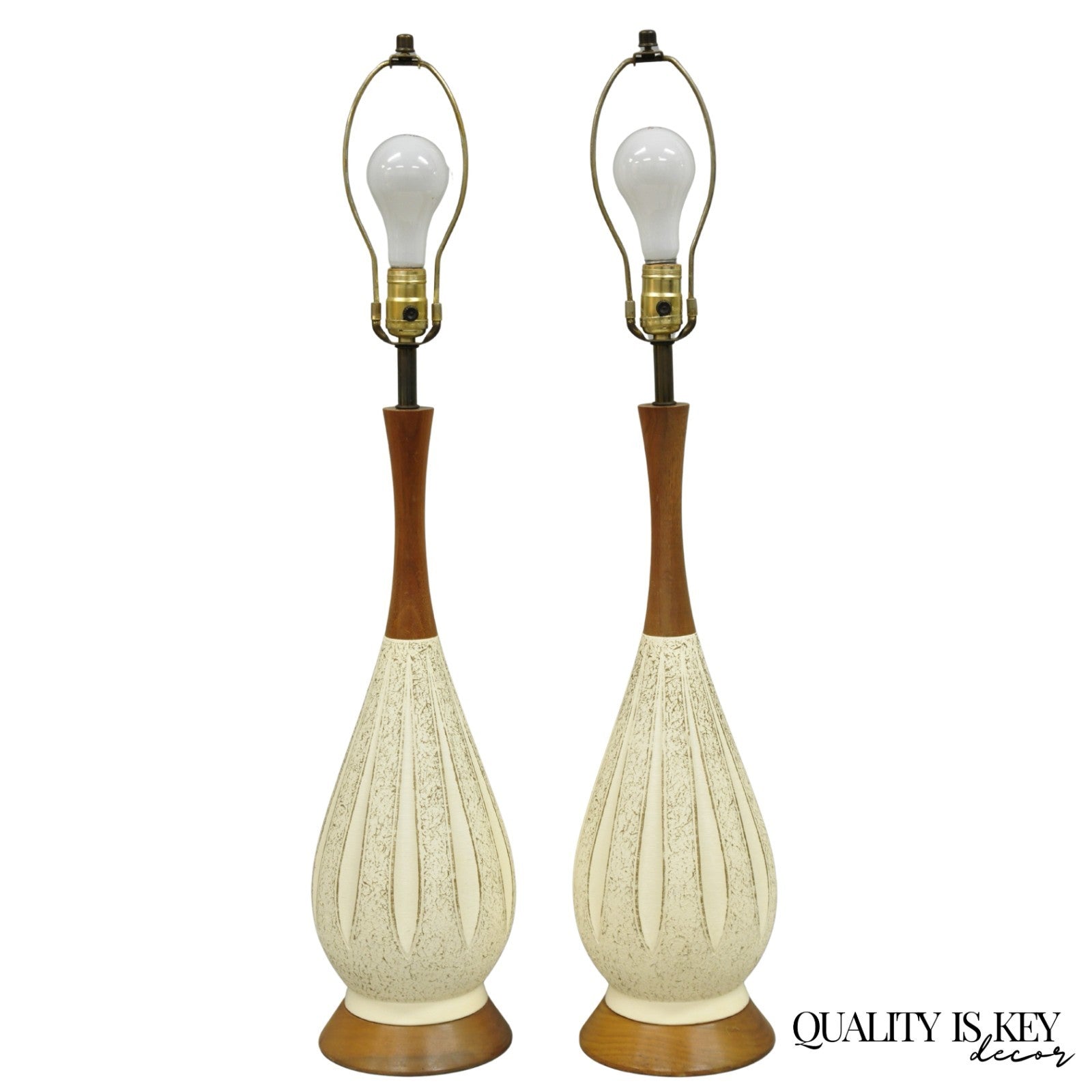 Vintage Mid Century Modern Sculpted White Ceramic & Teak Wood Table Lamps - Pair