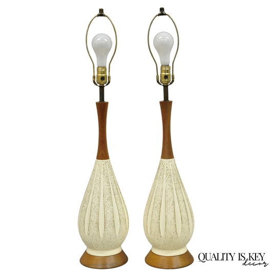 Vintage Mid Century Modern Sculpted White Ceramic & Teak Wood Table Lamps - Pair