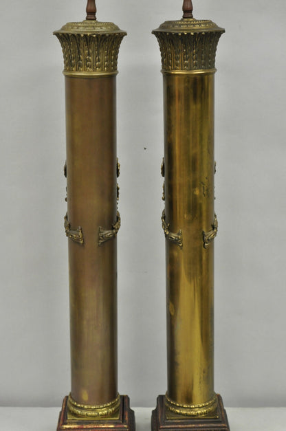 Antique French Empire Neoclassical Bronze Cylinder Tall Table Lamps - a Pair