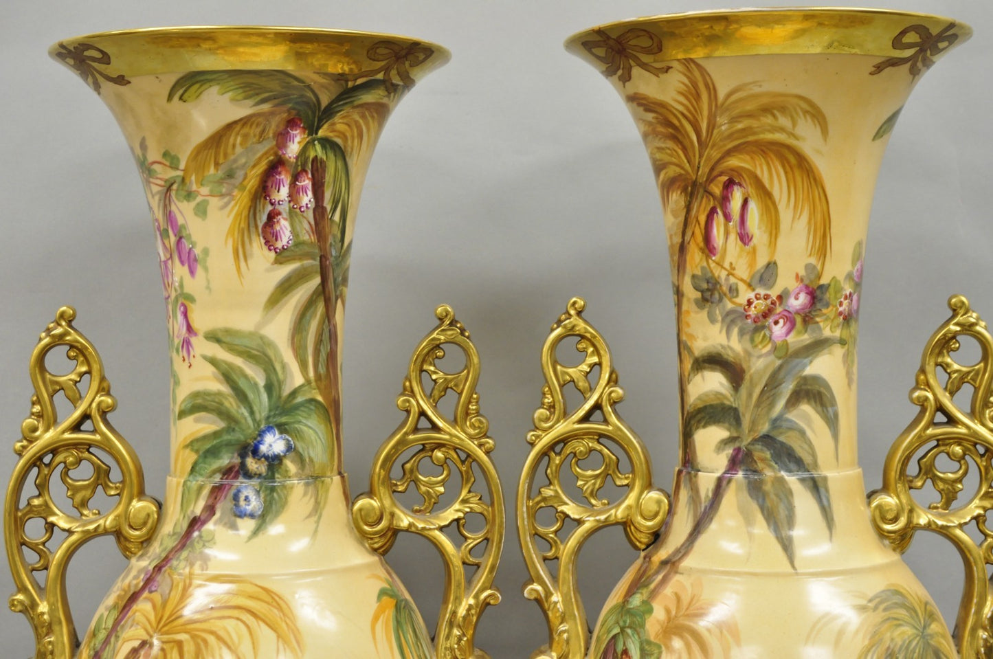 Antique Chinoiserie French Porcelain Hand Painted Orientalist Large Vases - Pair