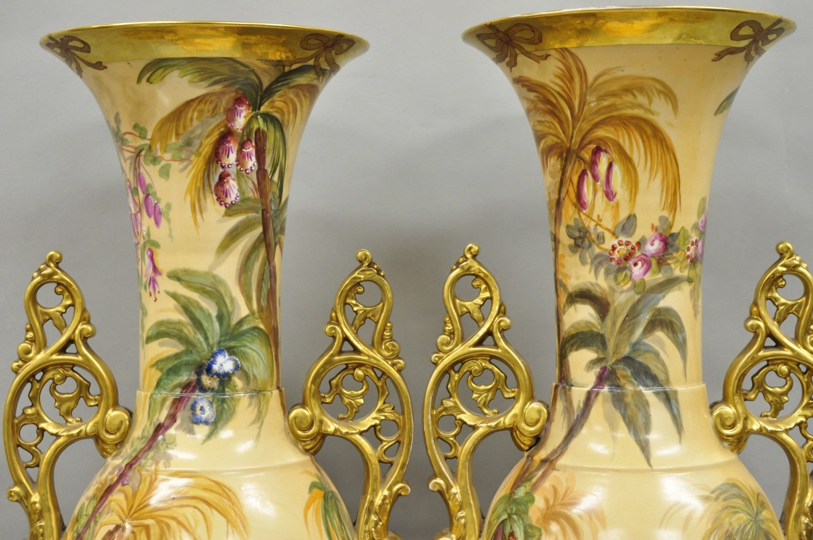 Antique Chinoiserie French Porcelain Hand Painted Orientalist Large Vases - Pair