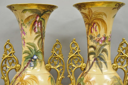 Antique Chinoiserie French Porcelain Hand Painted Orientalist Large Vases - Pair