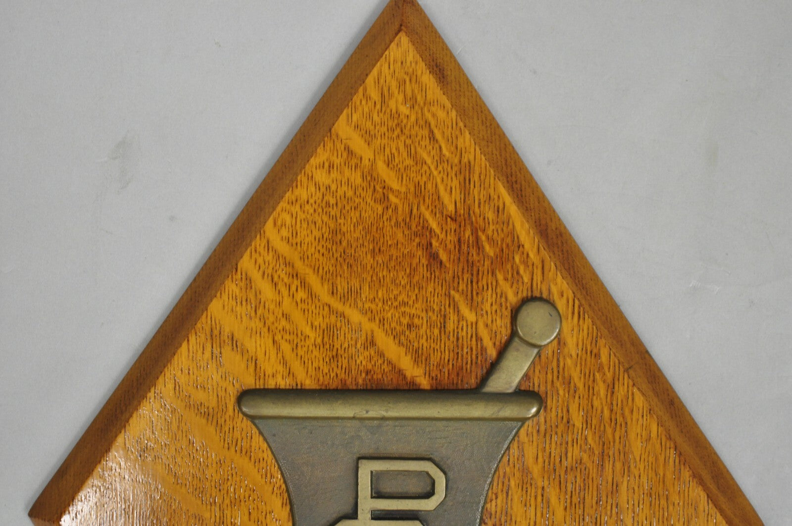 Antique Arts & Crafts Oak Pharmacy Apothecary Bronze Mortar & Pestle Wall Plaque