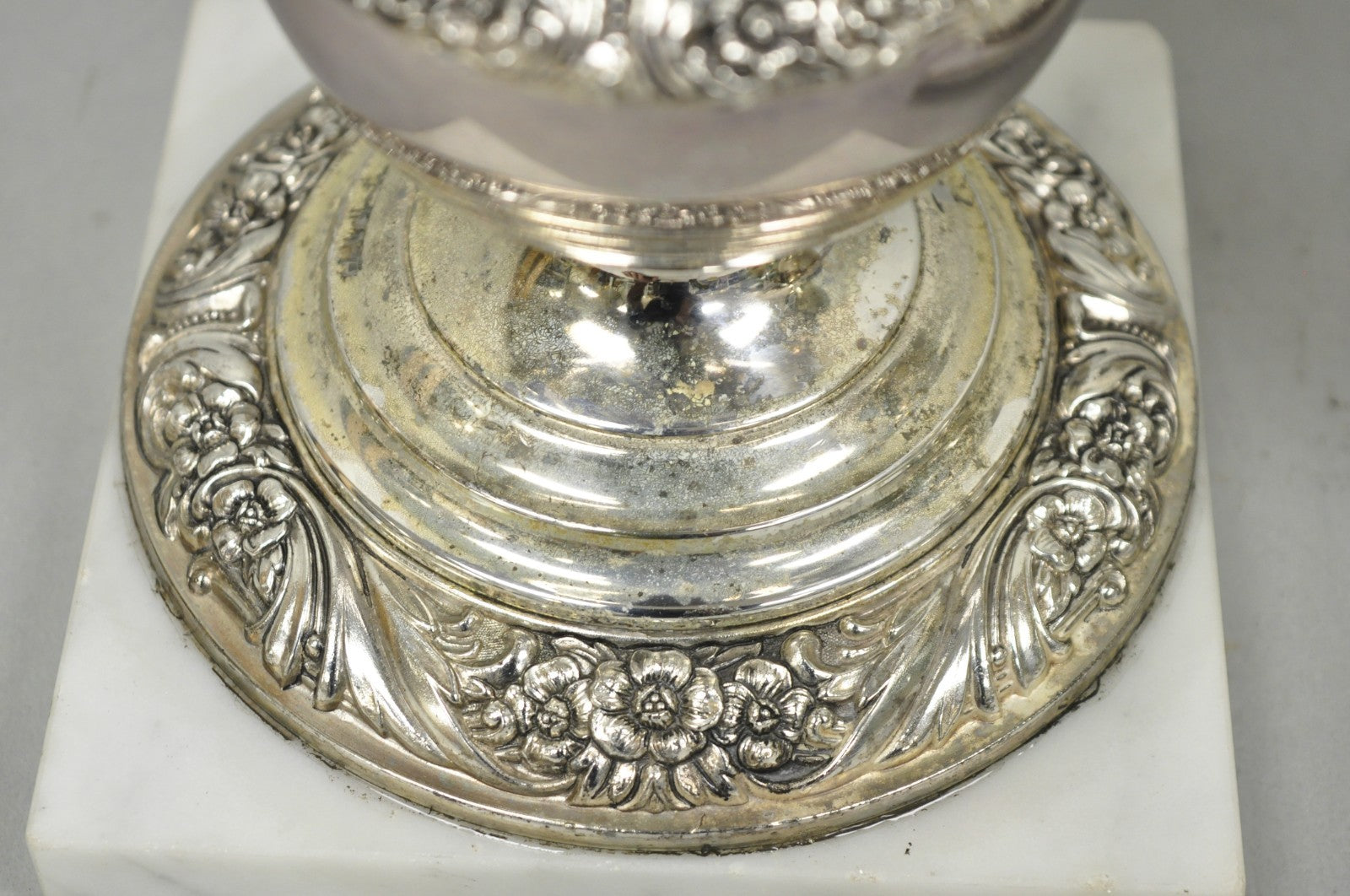 International Victorian Silver Plate Floral Repousse Candlestick Table Lamp Pair