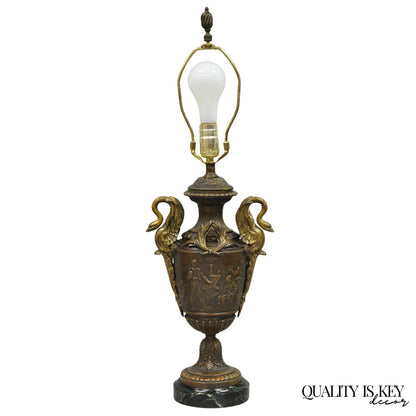 Antique French Neoclassical Style Bronze Figural Swans Table Lamp Signed Picault
