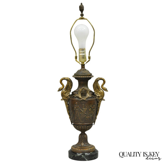 Antique French Neoclassical Style Bronze Figural Swans Table Lamp Signed Picault
