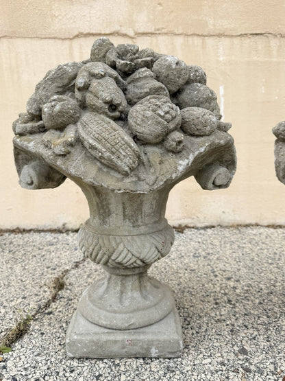 Vintage Cast Cement Stone 26" Fruit & Flower Basket Garden Lawn Ornament - Pair