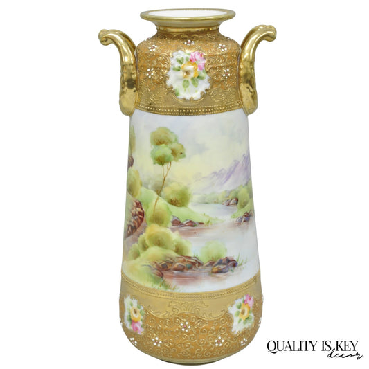 Antique Nippon Hand Painted Lake Scene Art Nouveau Twin Handle Porcelain Vase