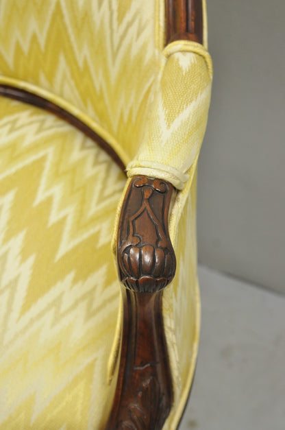 Antique French Louis XV Style Carved Walnut Yellow Fabric Boudoir Lounge Chair