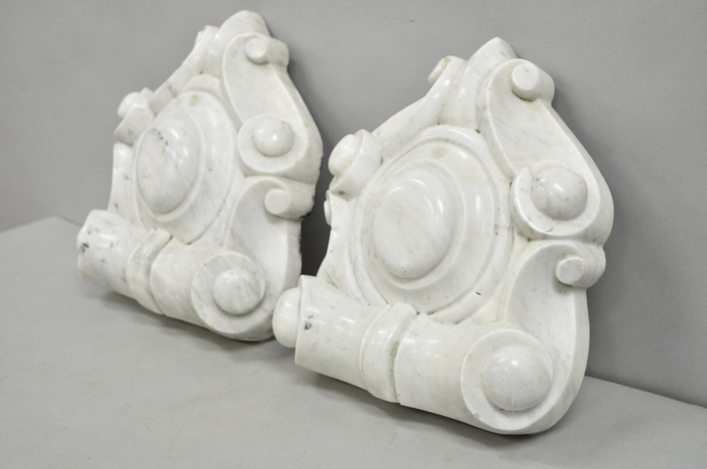 Antique Neoclassical Carved Marble Mantel Keystone Architectural Element - Pair