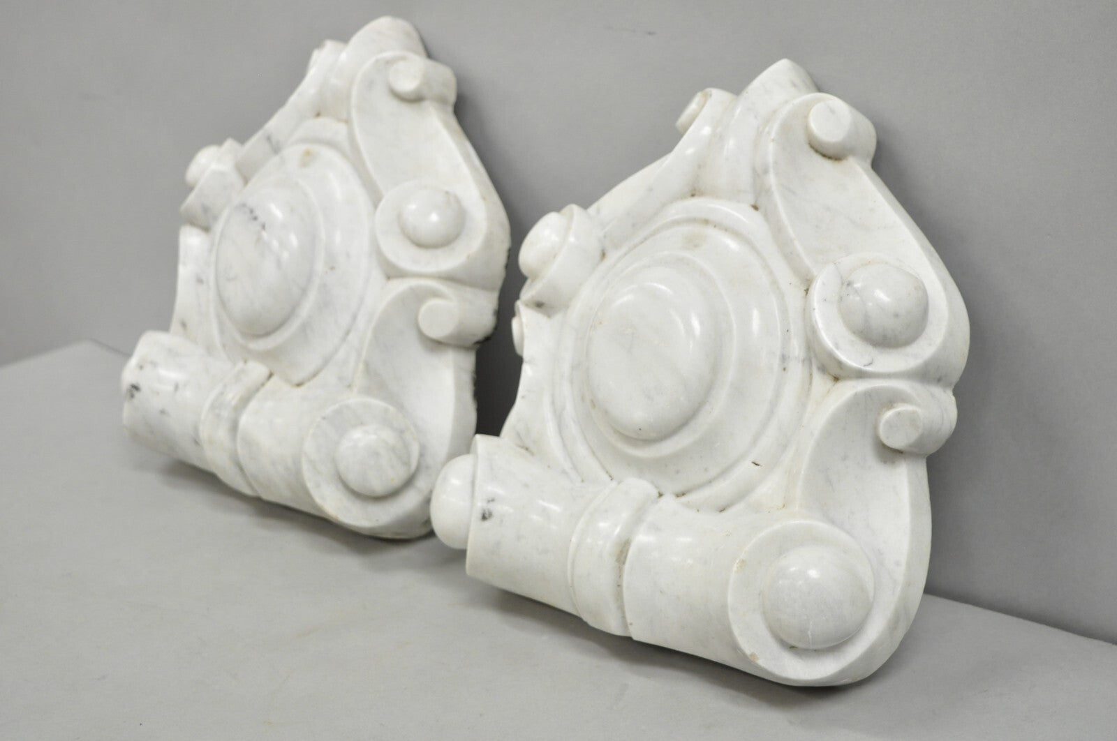 Antique Neoclassical Carved Marble Mantel Keystone Architectural Element - Pair