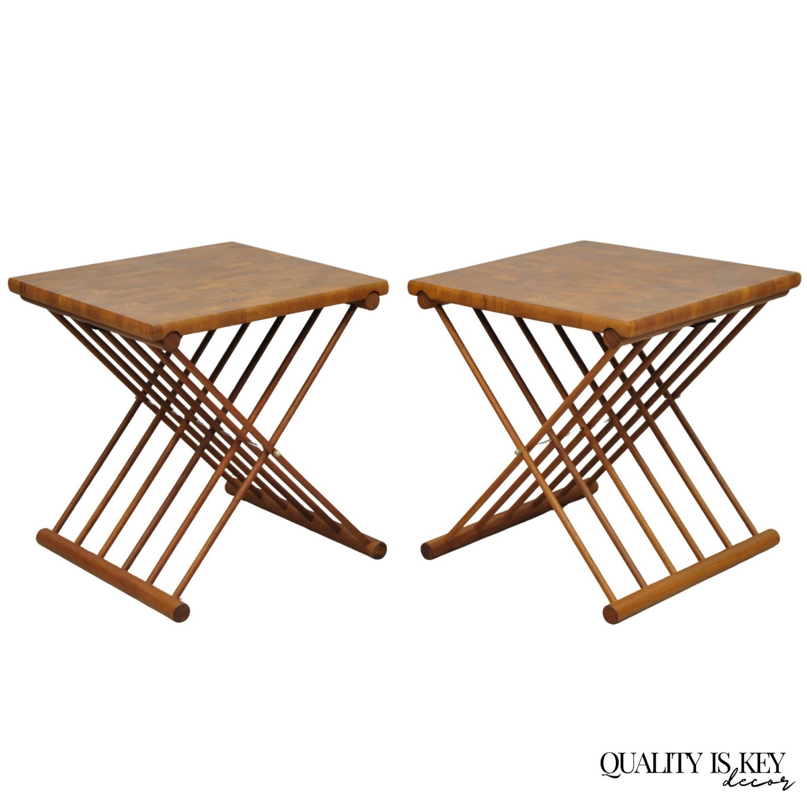 Mid Century Danish Modern Mandalay Teak Folding Campaign Style Side Tables Pair
