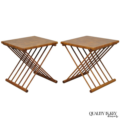 Mid Century Danish Modern Mandalay Teak Folding Campaign Style Side Tables Pair