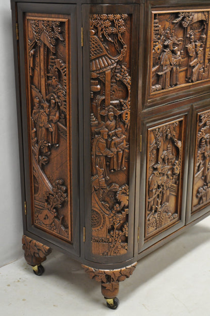 Vintage J L George Zee Chinese Figural Carved Teak Wood Flip Top Dry Bar Cabinet