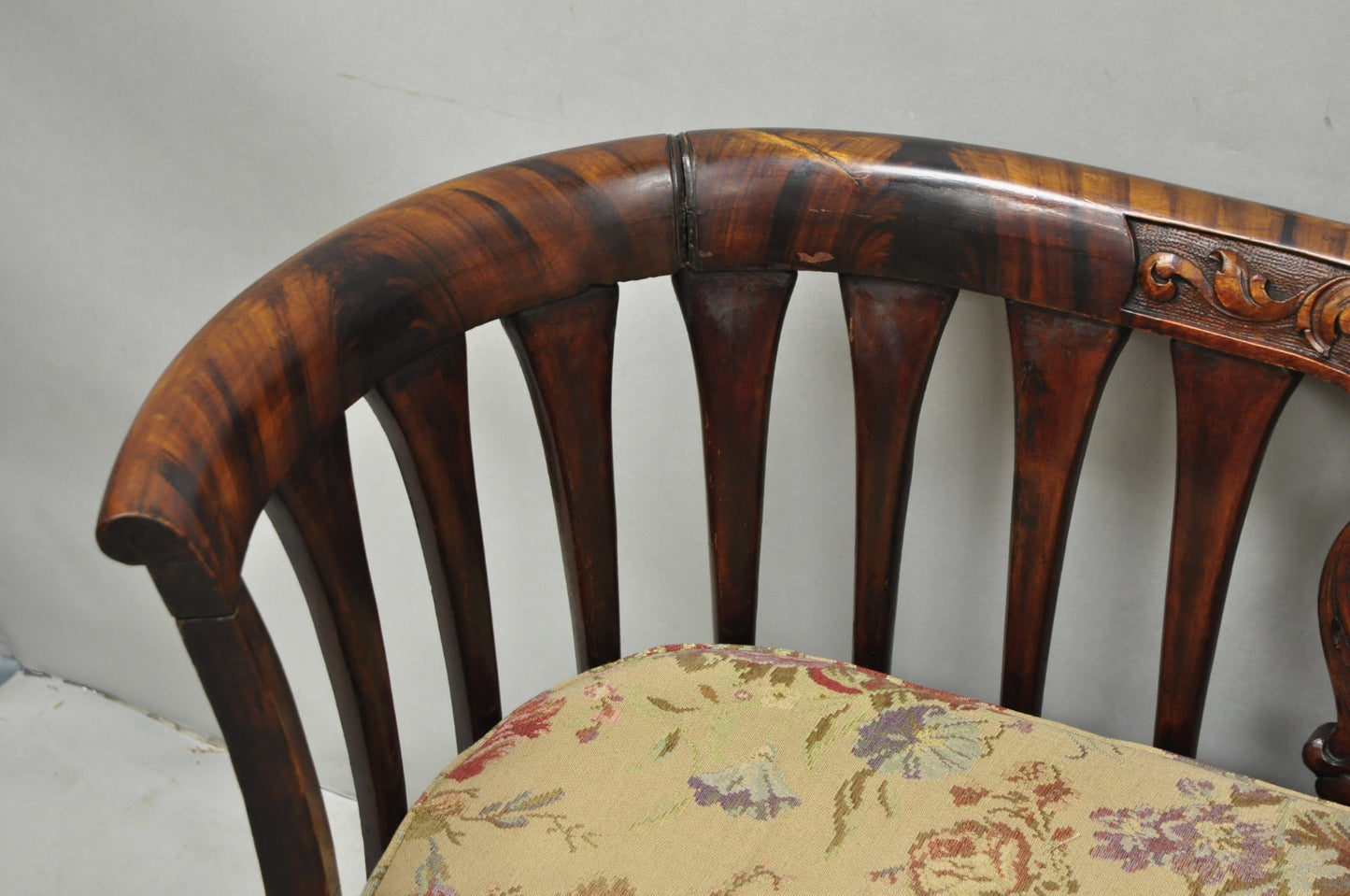Antique Victorian Carved Mahogany Paw Foot Barrel Back Settee Loveseat Sofa