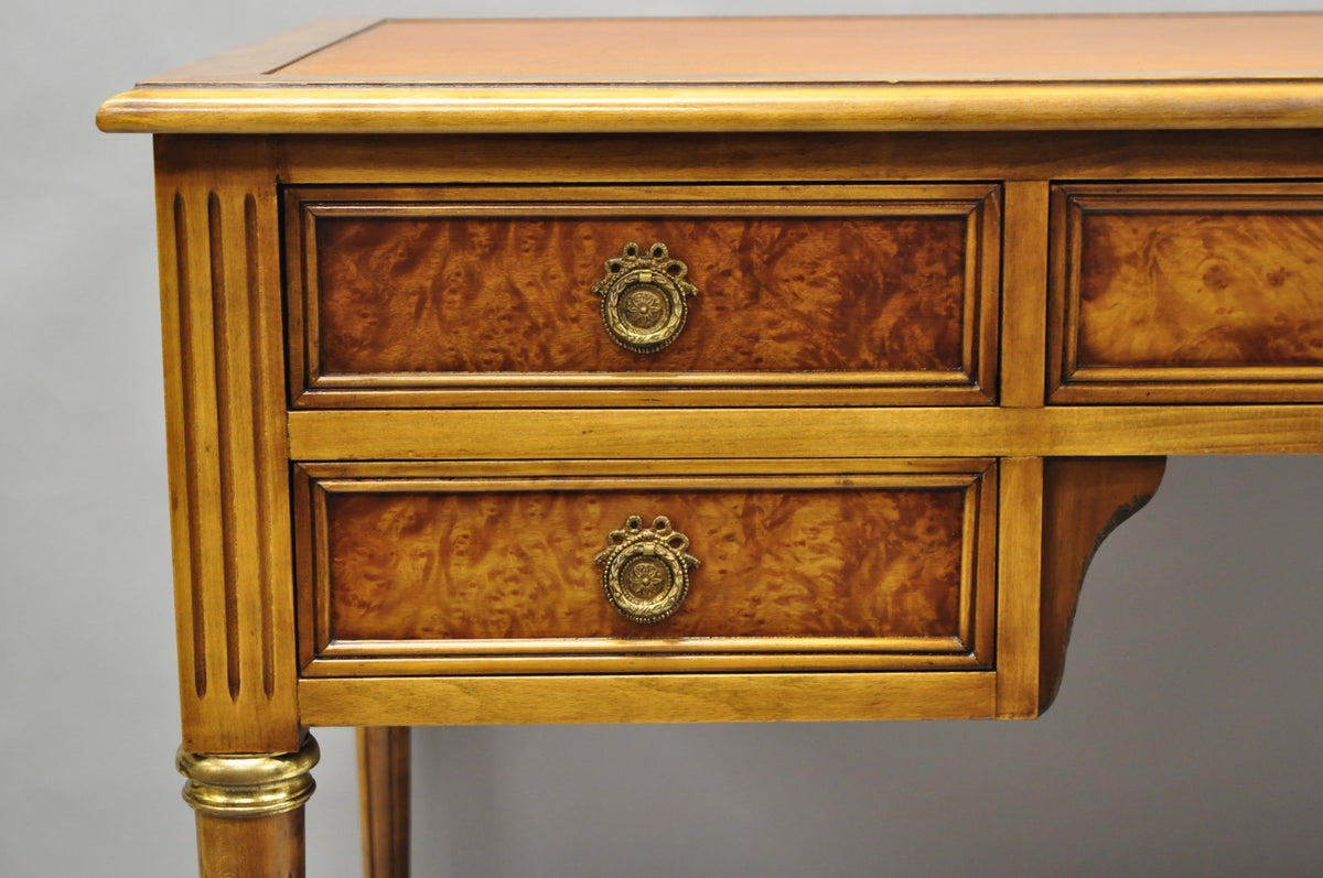 Vintage French Louis XVI Style Burl Walnut Tooled Leather Top Writing Desk