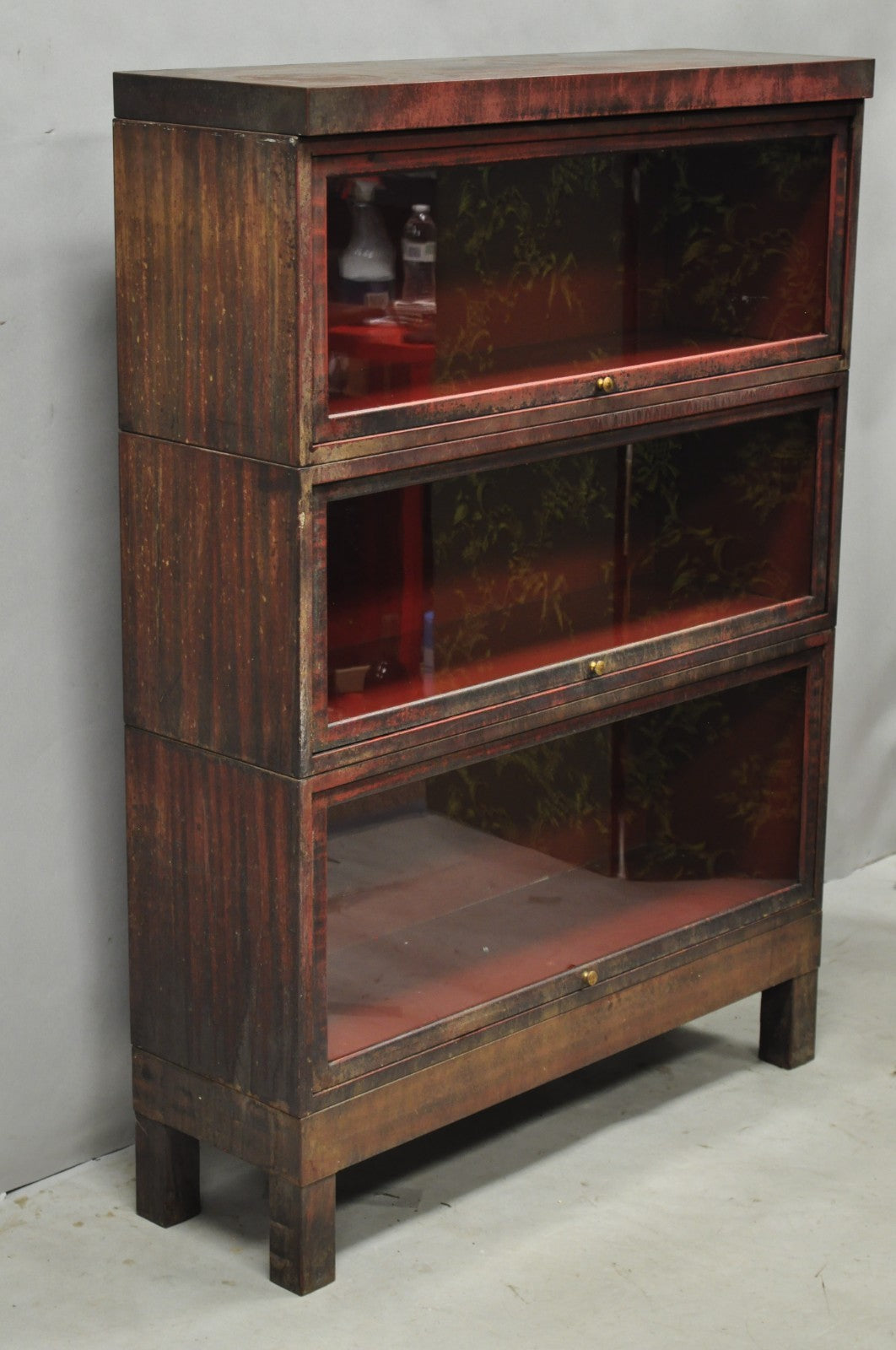 Vintage Industrial Steel Metal Faux Woodgrain Painted Stack Barrister Bookcase