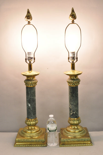 Vintage Hollywood Regency Brass Empire Green Column Gold Table Lamps - a Pair