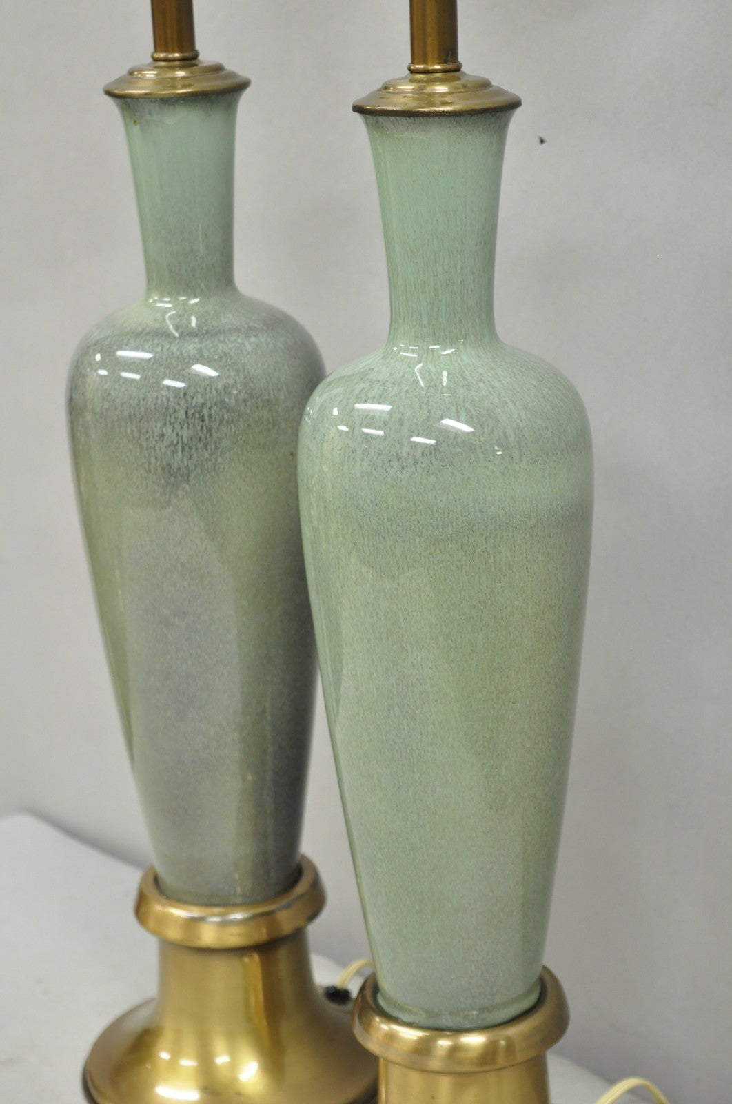 Vintage Mid Century Modern Celadon Green Porcelain Sinuous Urn Table Lamp - Pair