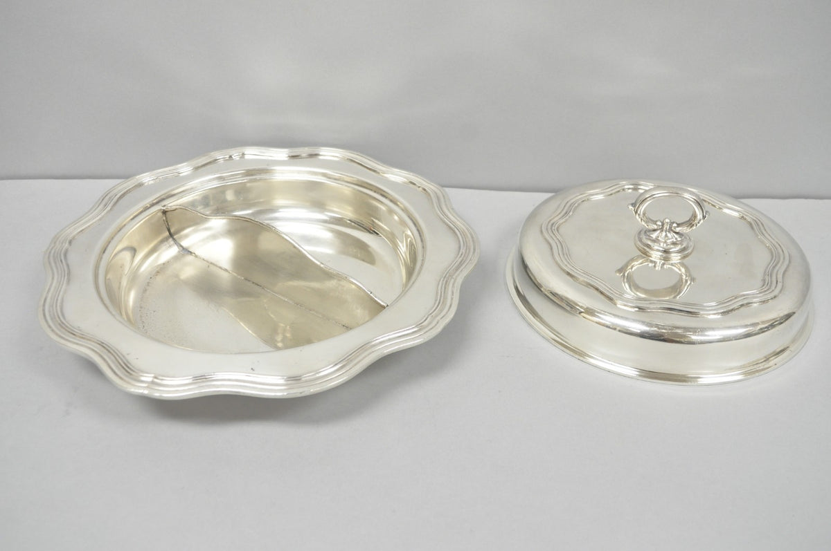 Vintage Sheffield Round Scalloped Silver Plated Covered Divided Serving Dish