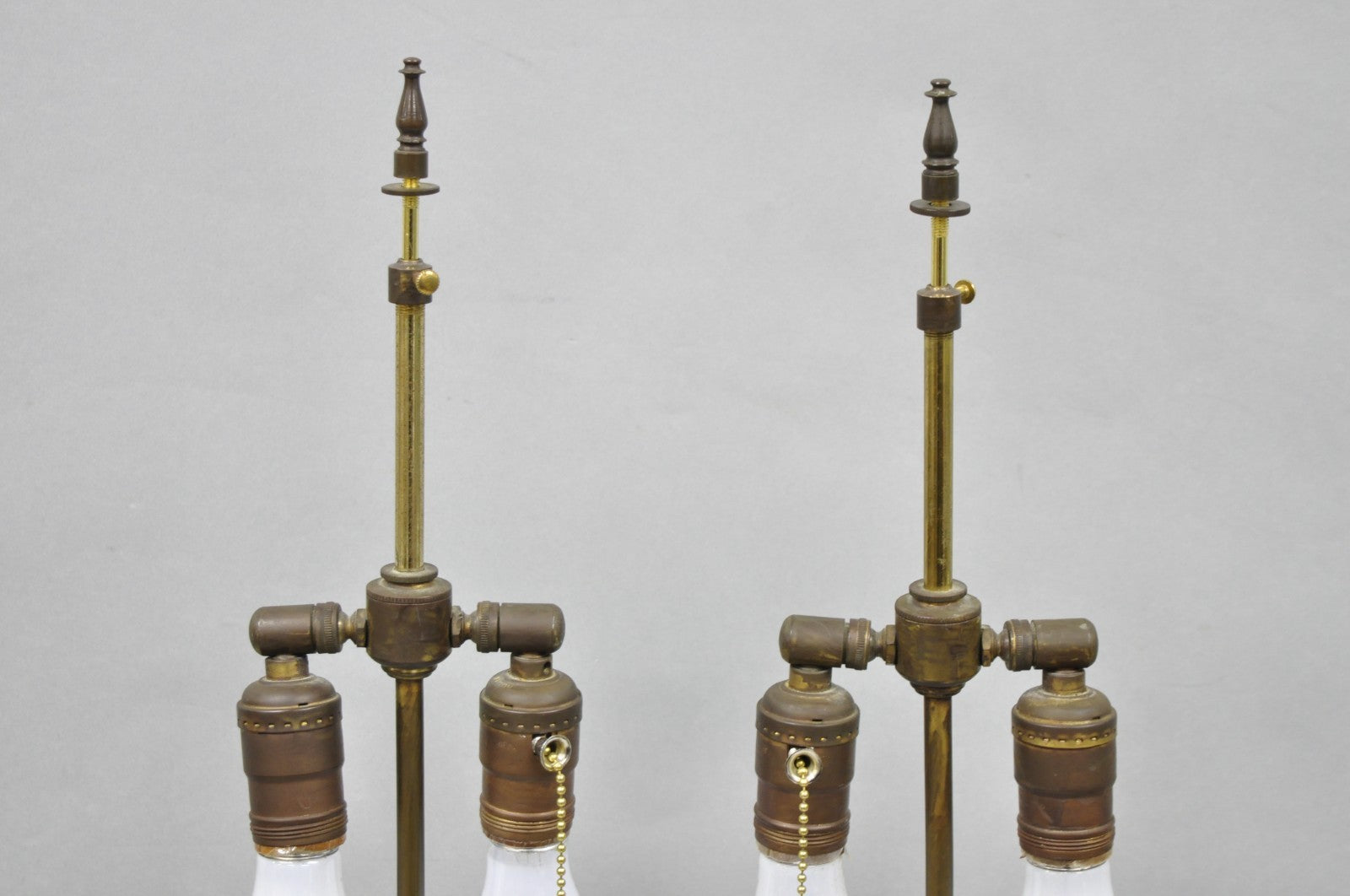 Antique French Victorian Amber Glass & Bronze Converted Oil Lamp Table Lamp Pair