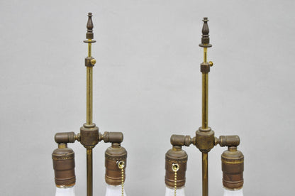 Antique French Victorian Amber Glass & Bronze Converted Oil Lamp Table Lamp Pair