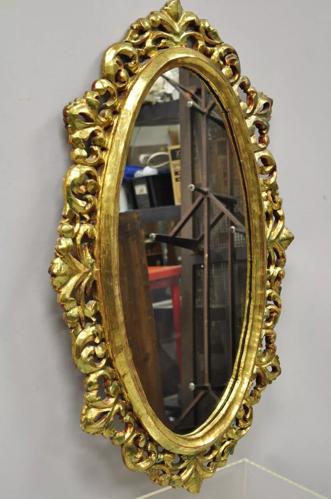 Vintage French Baroque Rococo Style Gold Carved Wood Giltwood Oval Wall Mirror