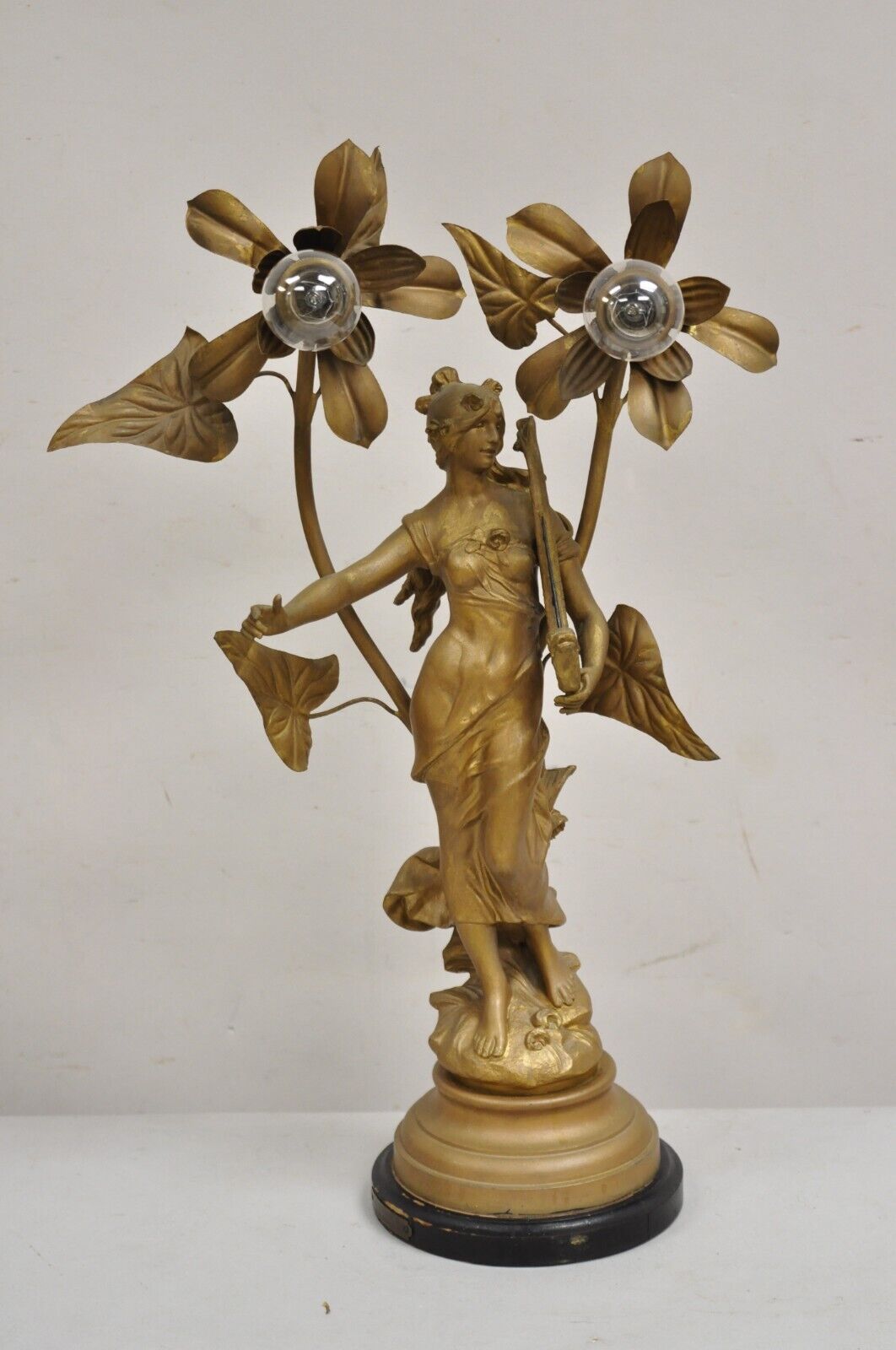 Antique Art Nouveau Auguste Moreau "La Musique" Gold Metal Figural Table Lamp