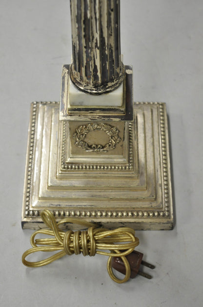Antique French Empire Silver Plated Corinthian Column Candlestick Table Lamp