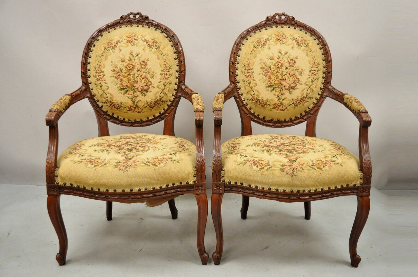 Antique French Country Louis XV Victorian Floral Tapestry Arm Chairs - a Pair