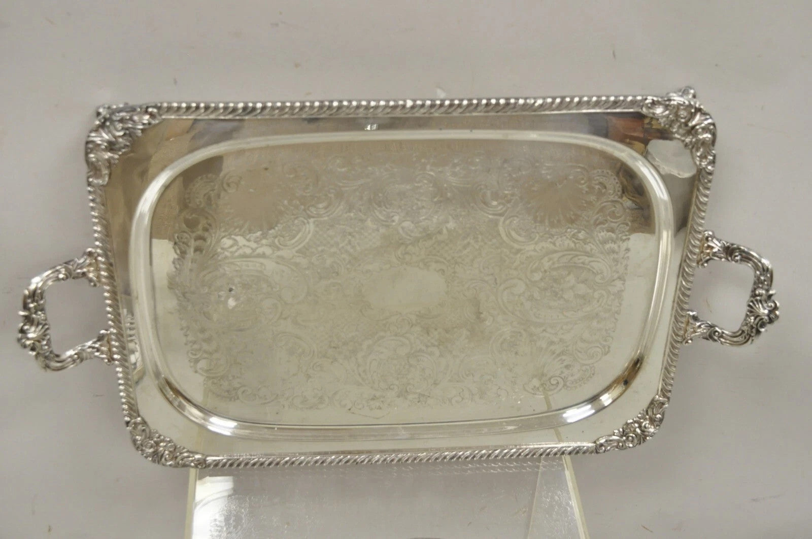 Vintage English Victorian Twin Handle Silver Plated Bar Serving Platter Tray