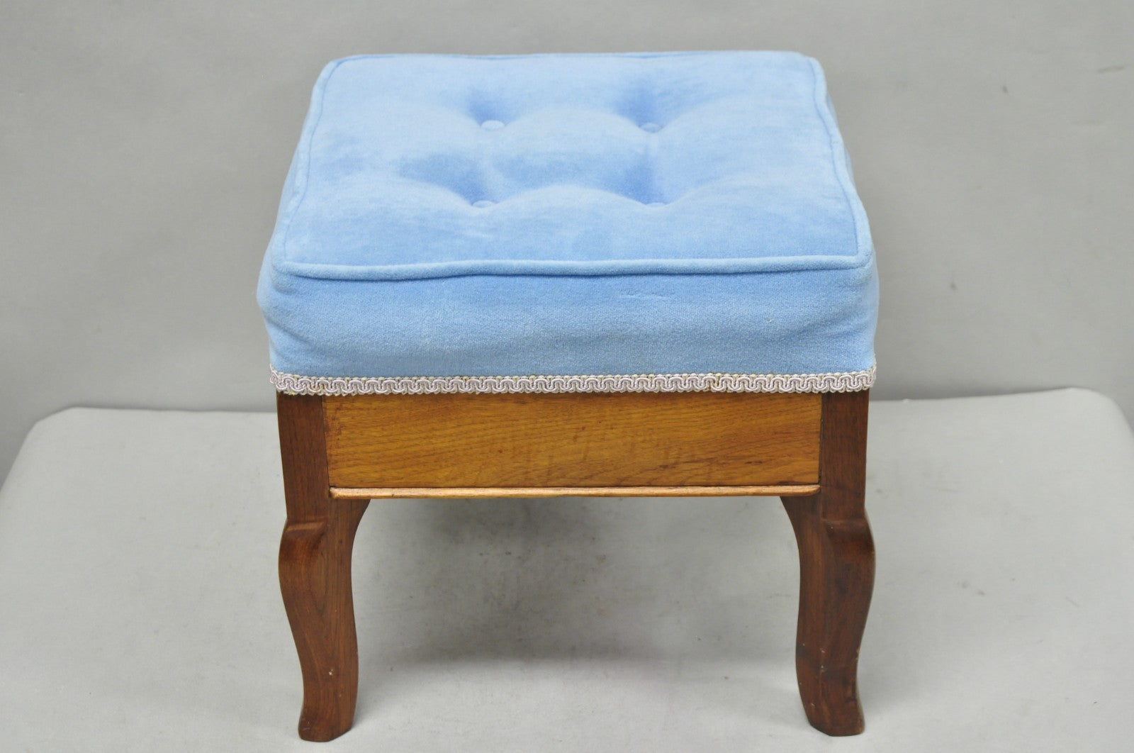 Antique Victorian Walnut Cabriole Leg Blue Tufted Footstool Ottoman Stool