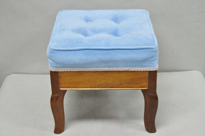 Antique Victorian Walnut Cabriole Leg Blue Tufted Footstool Ottoman Stool