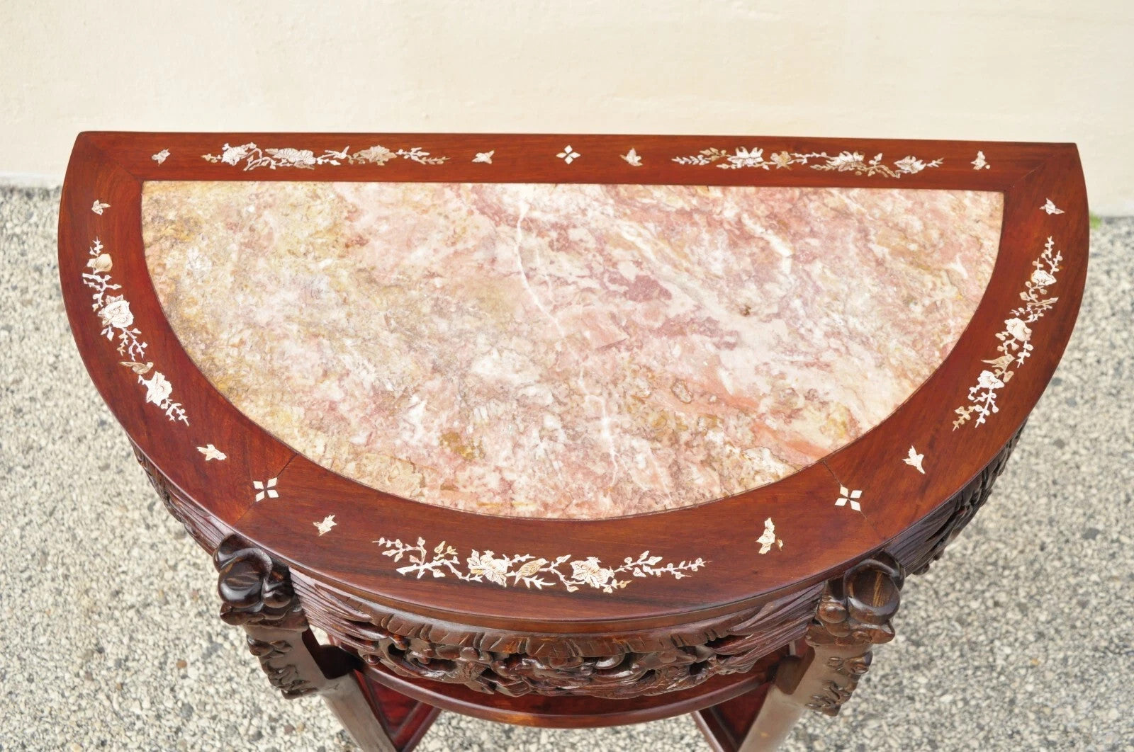 Vintage Oriental Chinese Carved Hardwood Demilune Marble Top Console Hall Table
