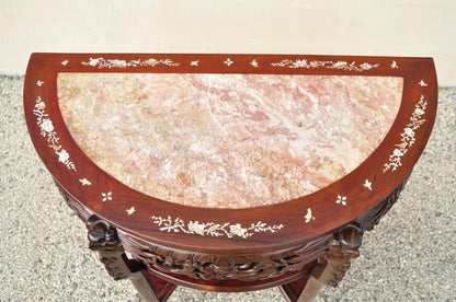Vintage Oriental Chinese Carved Hardwood Demilune Marble Top Console Hall Table