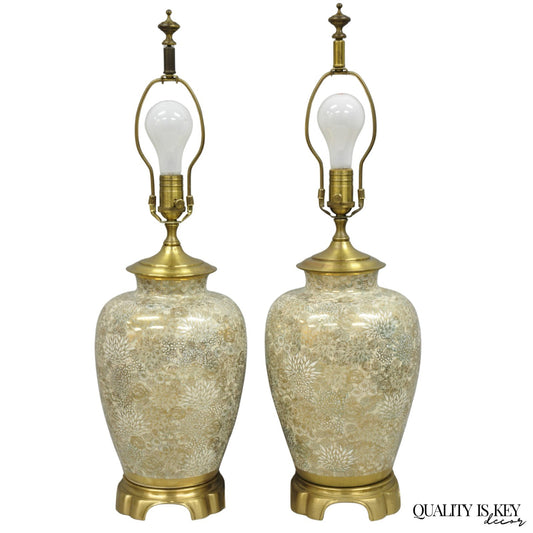 Vintage Chinoiserie Gold Porcelain Jardiniere Table Lamps by Wildwood - a Pair